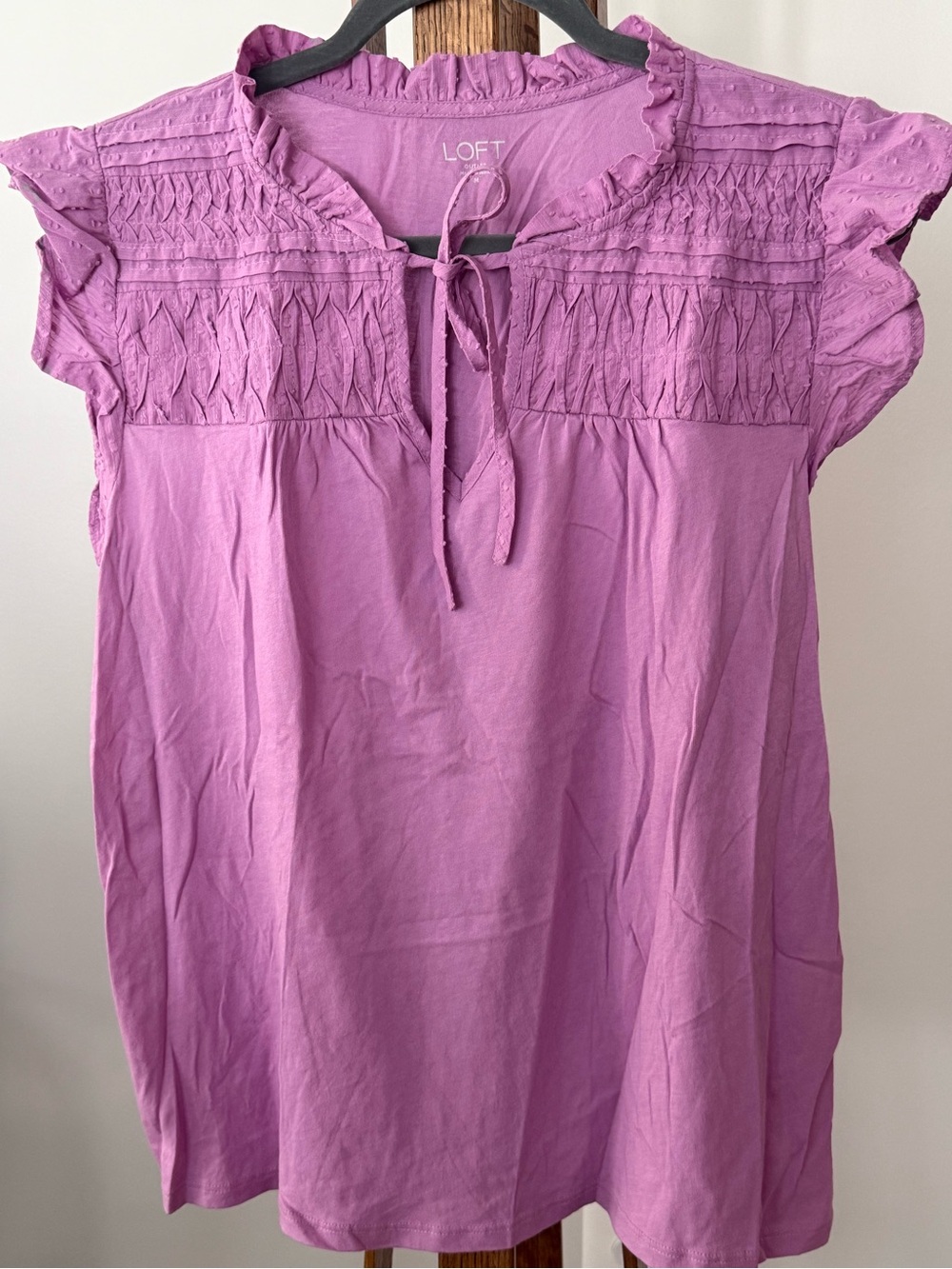LOFT Pink Lavender Smocked Tie-Front Cap-Sleeve Top